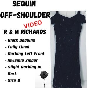 R&M RICHARDS Black Sequin Ruched Off Shoulder Dress
